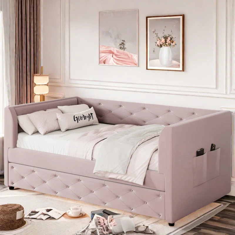 Upholstered Velvet Daybed With Trundle, Storage Pockets And Button Tufted Design | Wayfair North America