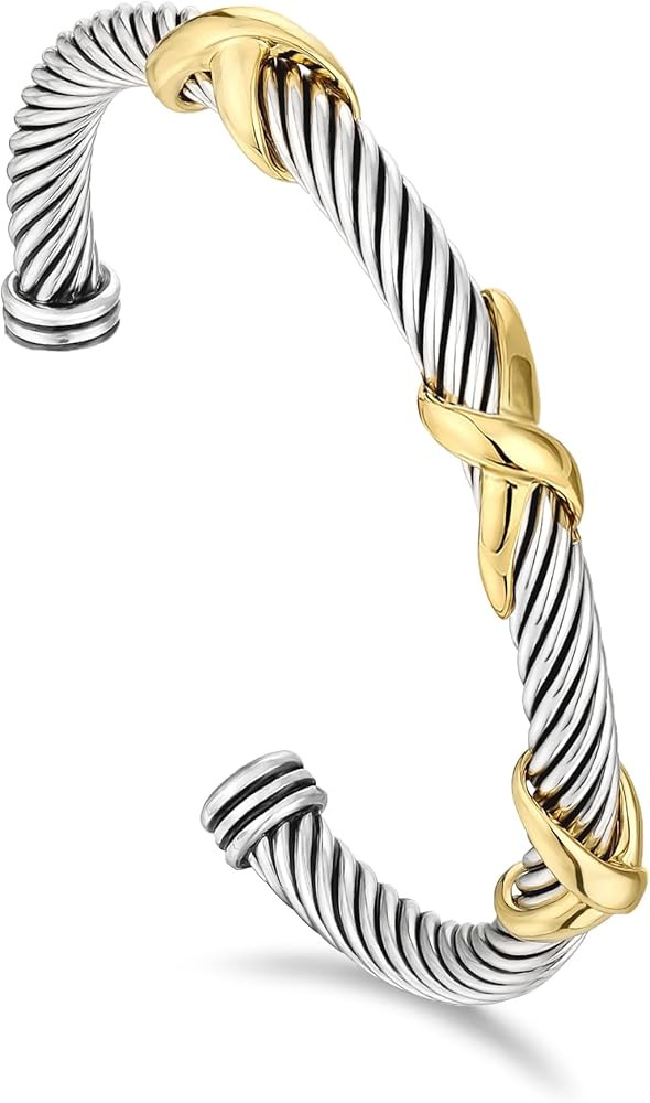 Cuff Bracelet for Women Twisted Cable Bracelet Two Tone Charm Bangle Bracelet Silver Vintage Brac... | Amazon (US)