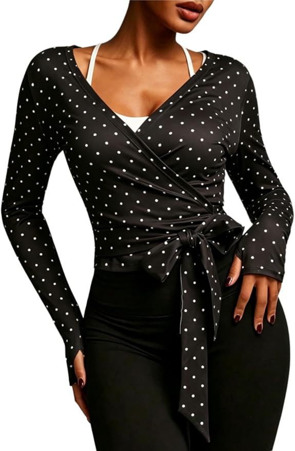 Floerns Women's Polka Dots Ballet Wrap Top Summer Long Sleeve V Neck Tie Side Yoga Shirts with Th... | Amazon (US)
