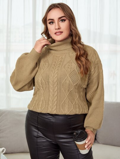 Plus Cable Knit Turtleneck Drop Shoulder Sweater | SHEIN