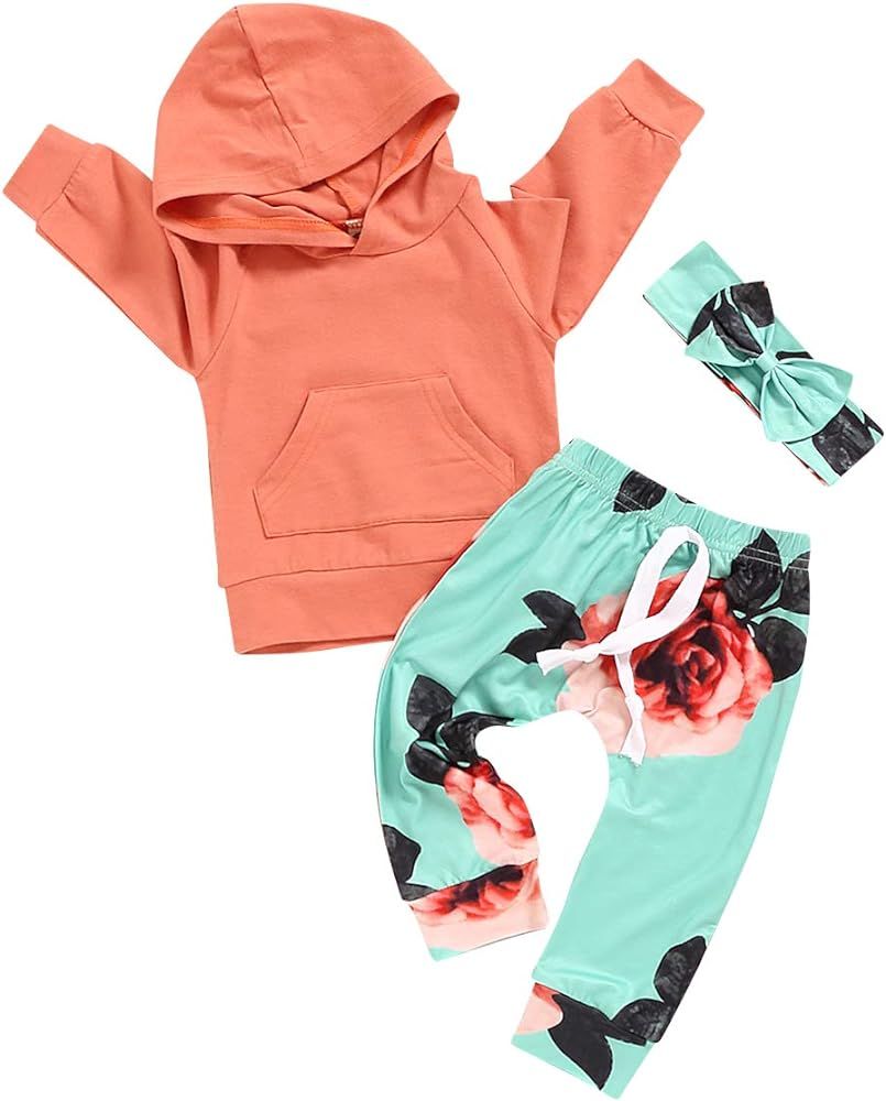 Baby Girl Clothes Long Sleeve Hoodie Sweatshirt Floral Pants with Headband Outfit Sets | Amazon (US)
