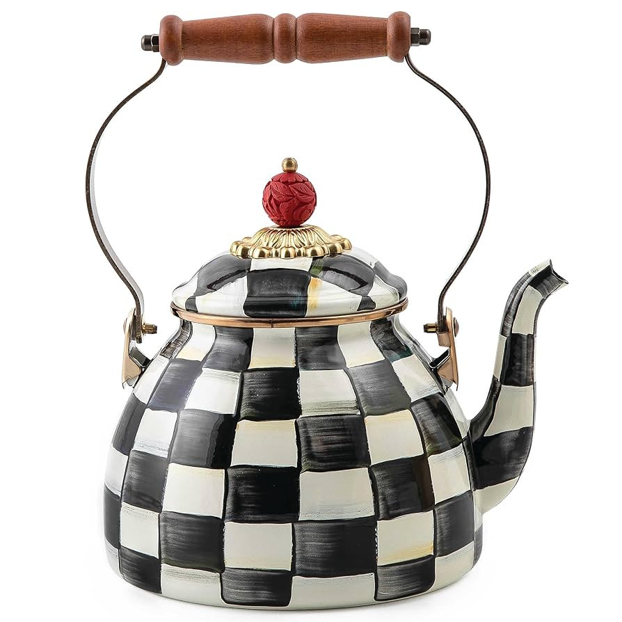 MACKENZIE-CHILDS Enamel Tea Kettle, Stylish Tea Kettle for Stovetop, Black-and-White Courtly Chec... | Amazon (US)