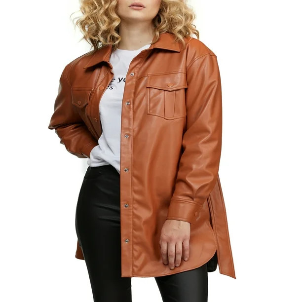 NVLT Women’s Vegan Leather Shirt Jacket | Walmart (US)