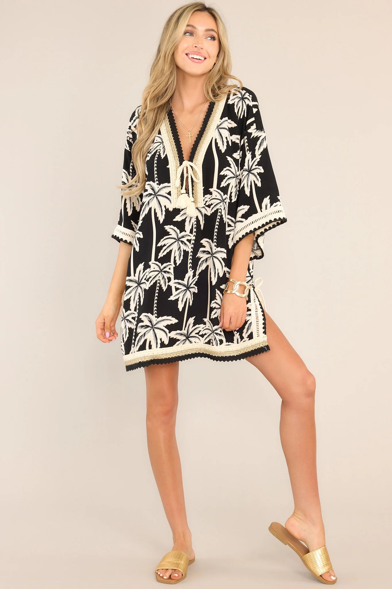 Take It Easy Black Tropical Print Cover Up | Red Dress