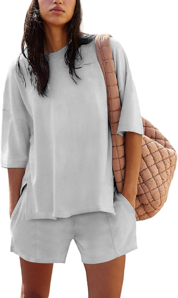 Womens Shorts Sets 2 Piece Outfits Summer 2025 Half Sleeve Crew Neck Cotton Lounge Sets Matching ... | Amazon (US)