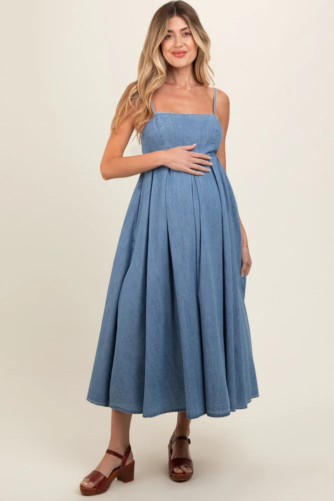 Blue Back Tie Straight Neck Maternity Midi Maternity Dress | PinkBlush Maternity