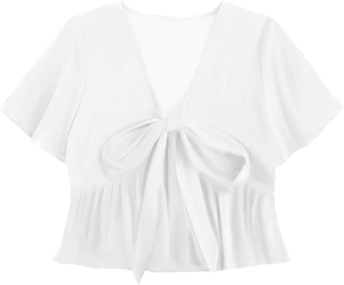 LYANER Women's Floral Print V Neck Tie Knot Ruffle Hem Short Sleeve Blouse Peplum Top | Amazon (US)