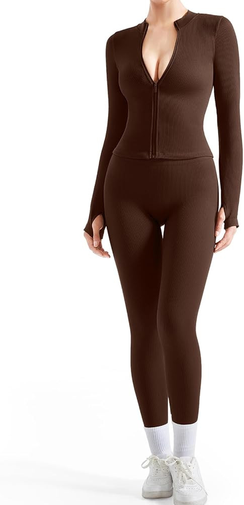 SUUKSESS Women 2 Piece Seamless Ribbed Workout Sets With Zip Up Jacket High Waisted Gym Yoga Legg... | Amazon (US)