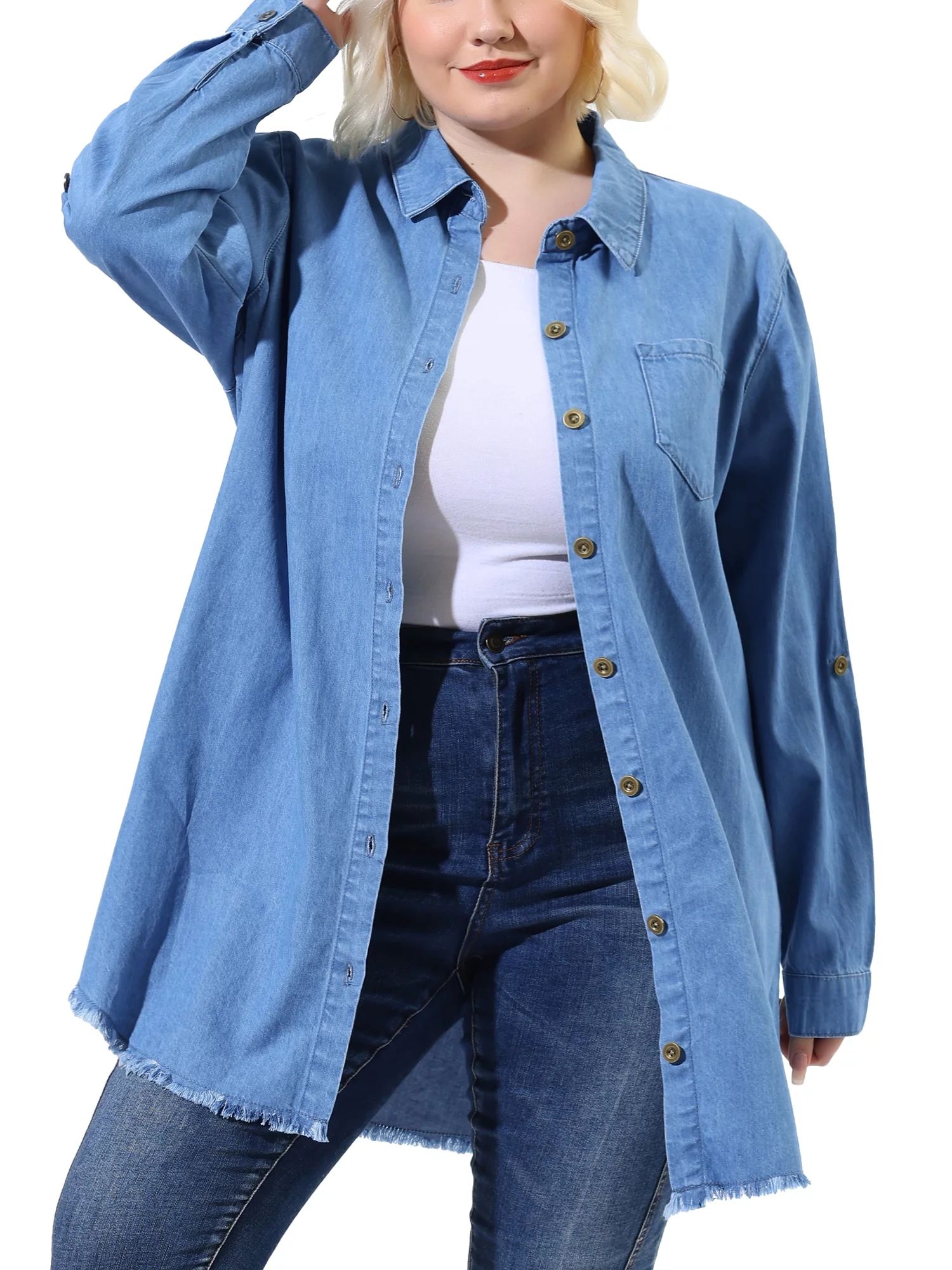 Agnes Orinda Women's Plus Size Long Sleeve Button Down Denim Long Chambray Shirt | Walmart (US)