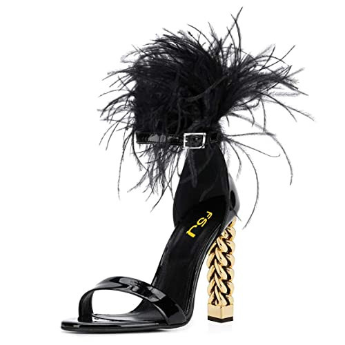 FSJ Women Feather Gold Metal Chain Chunky High Heels Ankle Strap Sandals Open Toe Fashion Shoes Size 9.5 Black Fur | Amazon (US)