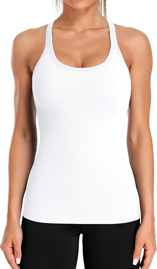 ATTRACO Ribbed Workout Tank Tops for Women with Built in Bra Tight Racerback Scoop Neck Athletic ... | Amazon (US)