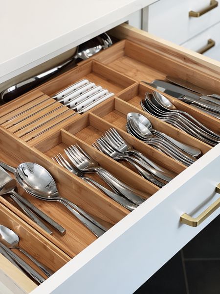 Silverware/steak knives in expandable bamboo drawer organizer. 
Drawer Organizers 
Home Organization 
Kitchen Organization 

#LTKunder50 #LTKsalealert #LTKhome