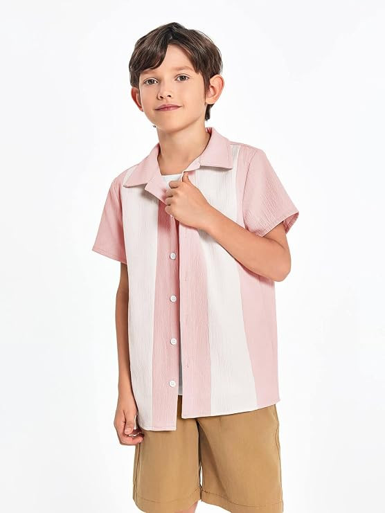 Haloumoning Boys Shirts Button Down Short Sleeve Shirt Striped Casual Summer Beach Shirts 5-14 Ye... | Amazon (US)