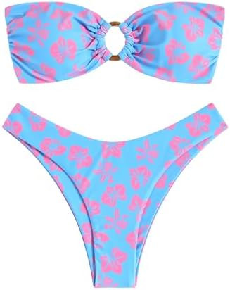 ZAFUL Women's Bandeau Bikini O Ring Strapless Tie Back High Cut Two Piece Swimsuit Bathing Suits | Amazon (US)