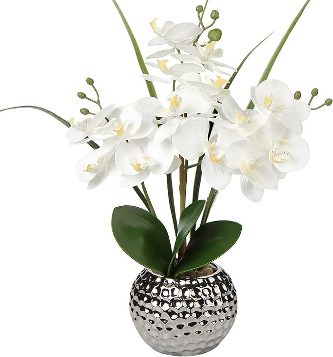 Briful Orchids Artificial Flowers, 20'' White Faux Orchid with Silver Vase Phalaenopsis Orchid Fa... | Amazon (US)