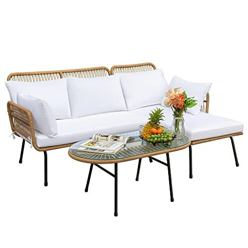Devoko Outdoor Patio Furniture Set, Outdoor Sectional Conversation Rope Woven L-Shaped Sofa Set with Patio Table and Thick Cushions for Backyard Porch Balcony Garden, White | Amazon (US)