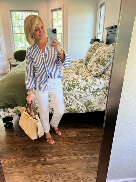 I’m a sucker for a classic blue and white button down shirt. 💙 Paired it with white jeans. 
Wearing an xs in top. Also linking similar ones. Jeans 26. Sandals went down a size. 

#springfashion #fashioninspo #summerfashion #classicoutfit #summerfashion #petitefashion #springstyle #fashionover40 #fashioninspo #chicstyle #classicstyle #nancymeyerstyle #grandmillennial #costalfashion


#LTKover40 #LTKstyletip