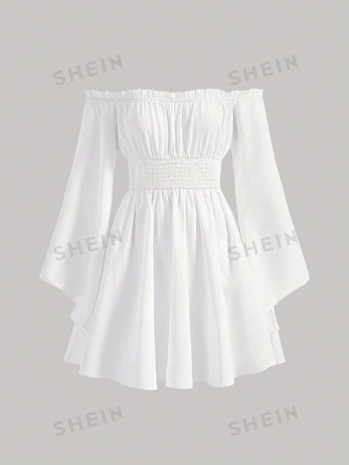 SHEIN MOD Off Shoulder Frill Trim Flounce Sleeve Bell Sleeves White Dress | SHEIN