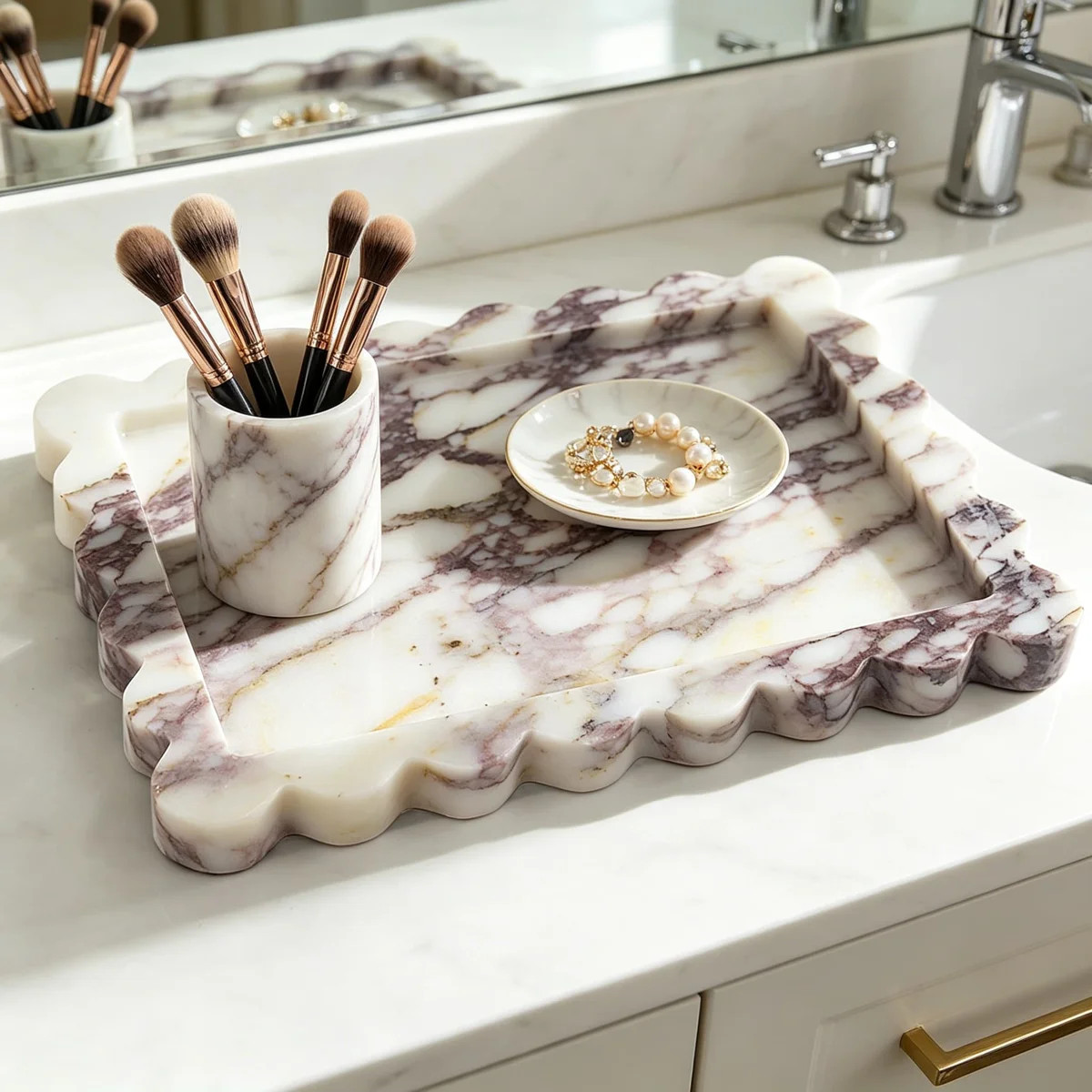 Calacatta Viola Scalloped Marble Tray, Real Natural Stone Decorative Tray for Bathroom, Dresser, ... | Wayfair North America