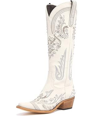 Western Cowboy Boots for Women Embroidered Rhinestones Knee High Cowgirl Boots Pointed Toe Chunky... | Amazon (US)