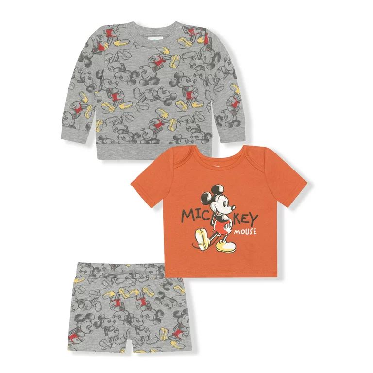 Disney Mickey Mouse Baby Boy Long Sleeve Short Set, 3 Piece Outfit Set, 0/3-24 Months | Walmart (US)