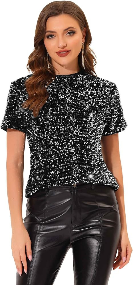 Allegra K Sequin Top for Women's Velvet Crew Neck Short Sleeve Party Clubwear Blouse | Amazon (US)