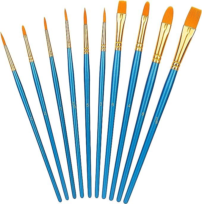 Amazon Basics PBT Paint Brushes for Acrylic, Oil, Watercolor, 10 Different Sizes Brush Set, Blue | Amazon (US)