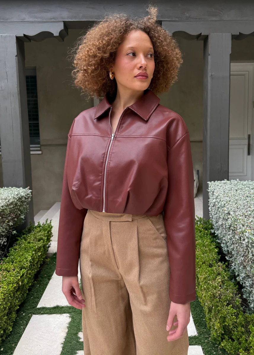 Veronica Faux Leather Pleated Bubble Hem Cropped Jacket - Burgundy | Benaar La