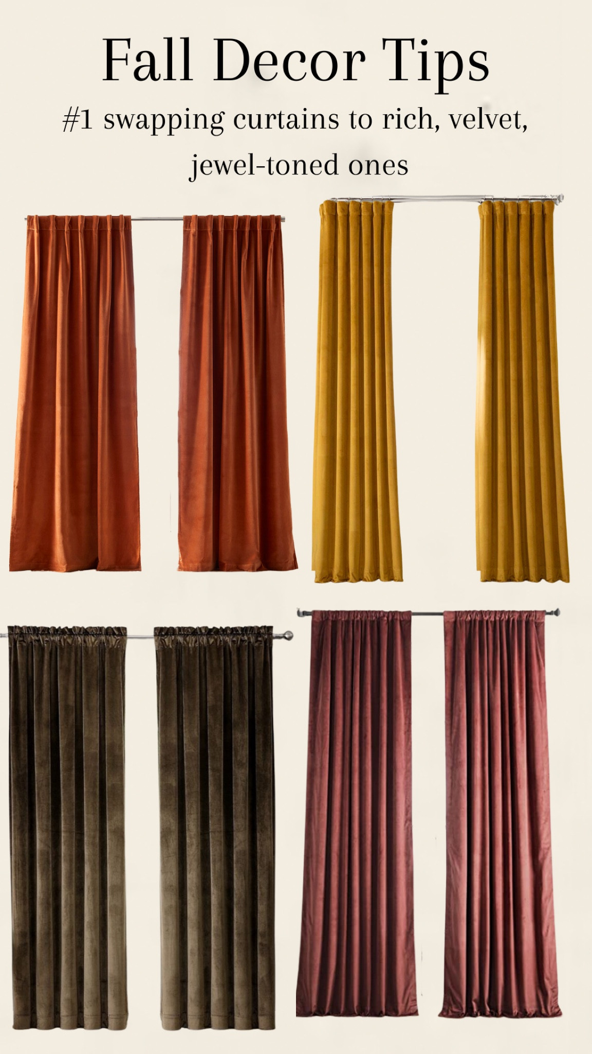 Fall decor- velvet curtains, jewel tone velvet curtains, rust velvet curtains, living room fall decor 

#LTKhome #LTKstyletip #LTKSeasonal
