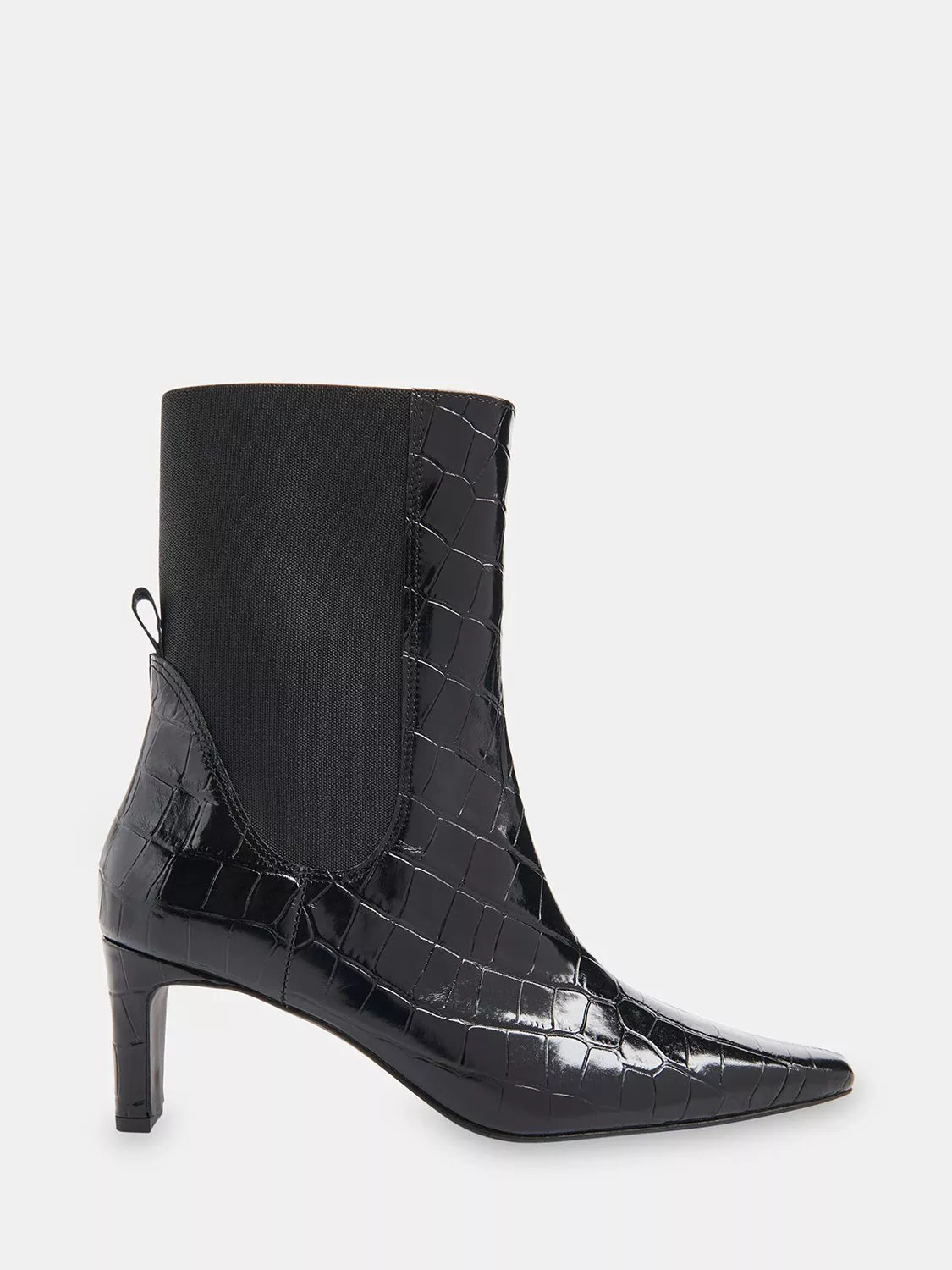 Whitsles Darla Croc Effect Leather Heeled Pointed Boots, Black | John Lewis (UK)