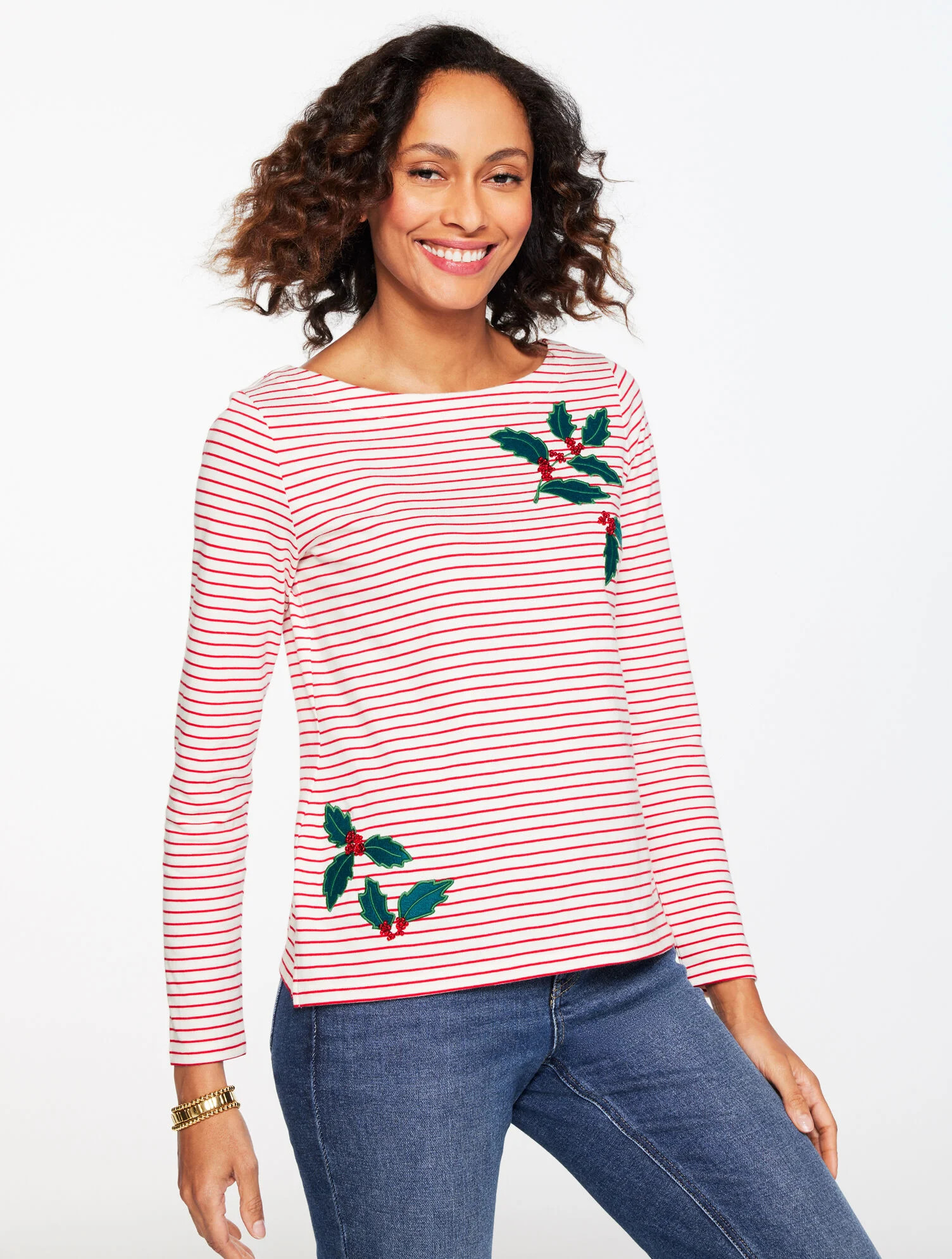 Embroidered Bateau Neck Tee - Holly Berry Stripe | Talbots