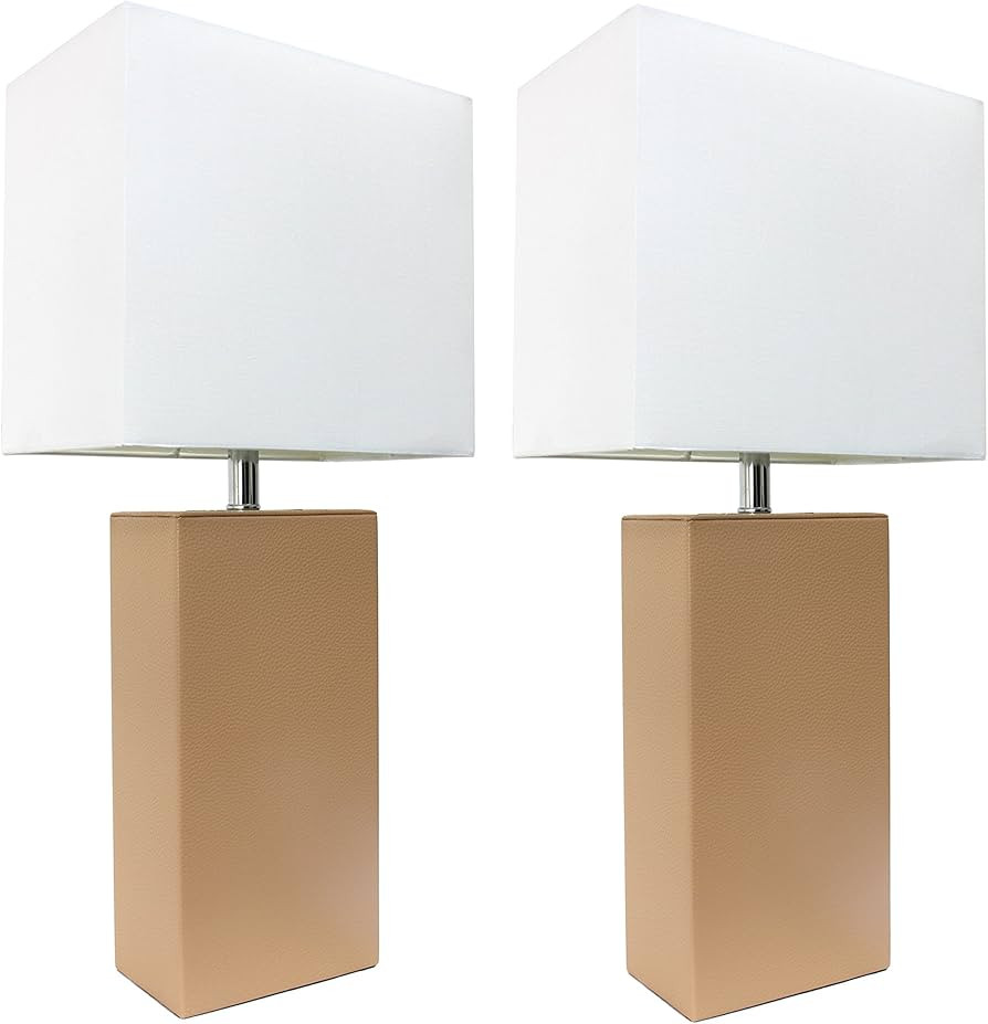 Elegant Designs LC2000-BGE-2PK 2 Pack Modern Leather Table Lamps with White Fabric Shades, Beige | Amazon (US)