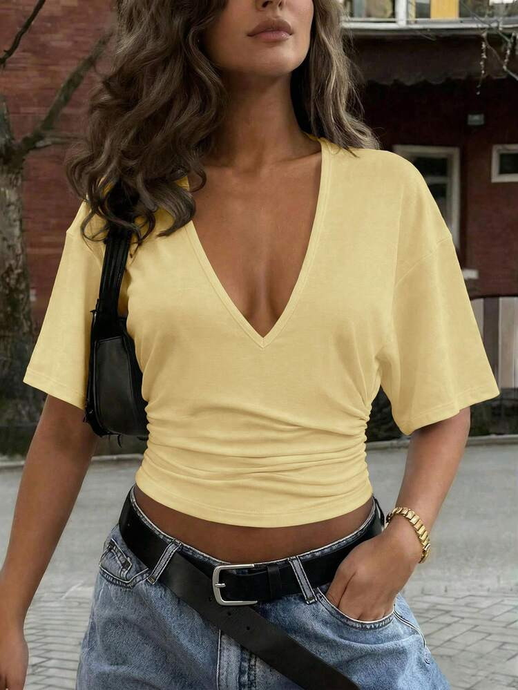 Sexy Casual Y2K Pleated Waist V-Neck Slim Fit Blouse, Suitable For Daily, Work, Date, Party Wear Summer | SHEIN