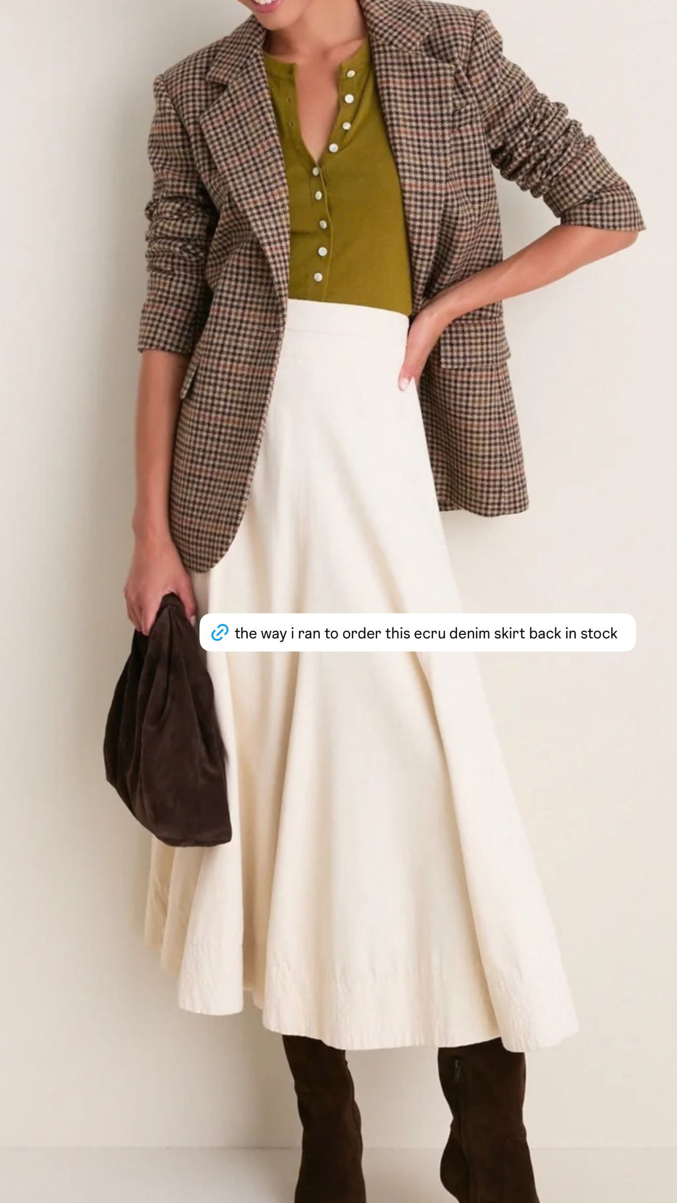 the way i ran to order this skirt when i saw it was back in stock. the ecru denim + full midi shape is SO good for fall and i love that it feels a little unexpected compared to regular blue denim. so easy with a fitted top, blazer + boots now, and i’d wear it with a sweater once it gets cooler.  

 #LTKSeasonal