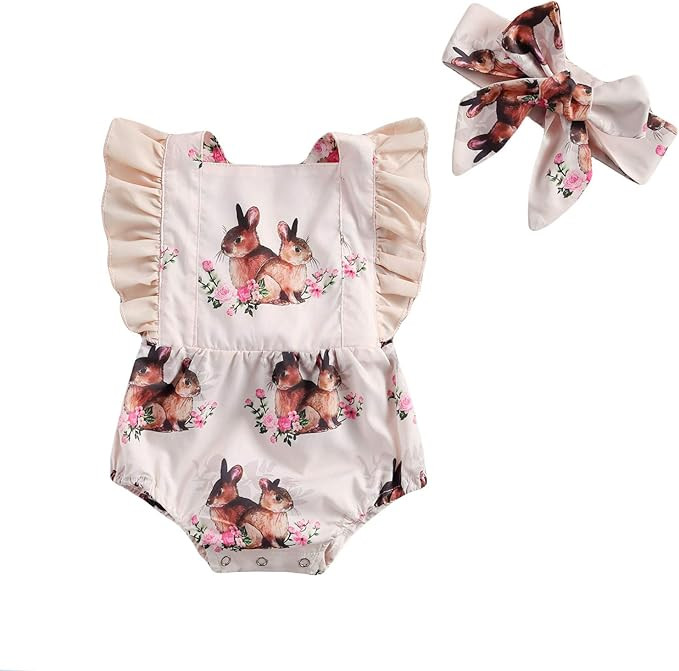 Newborn Baby Girl Easter Clothes Backless Ruffle Sleeveless Rabbit Bunny Romper Bodysuit Jumpsuit... | Amazon (US)