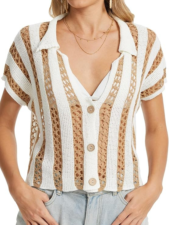 HOULENGS Women's Summer Striped Crochet Cardigan Casual Button Down Short Sleeve Sweater Y2K Holl... | Amazon (US)
