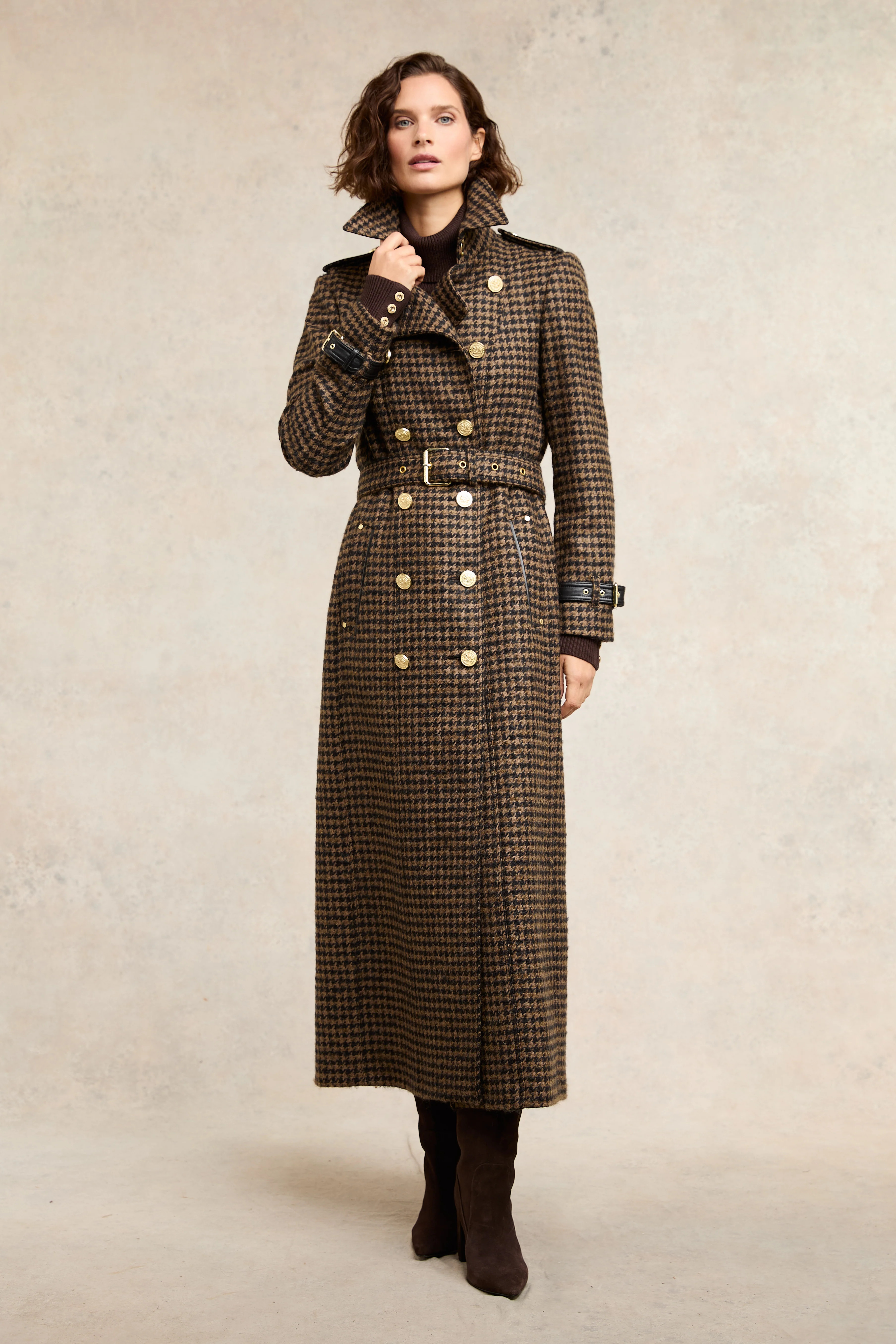 Full Length Marlborough Trench Coat (Chocolate Houndstooth) | Holland Cooper