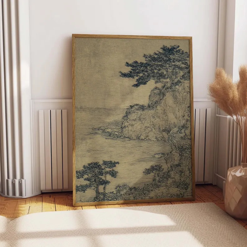 Vintage Japanese Sketch Print, Antique Nature Landscape Poster, Minimalist Coastal Poster, Moody ... | Etsy (US)
