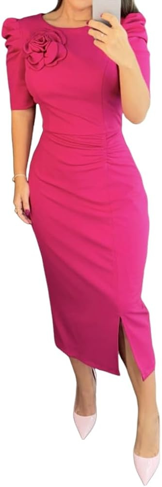 Women's Bodycon Midi Dress Ruched Puff Sleeve Cocktail Pencil Dress Casual Slit Party Work Dresse... | Amazon (US)