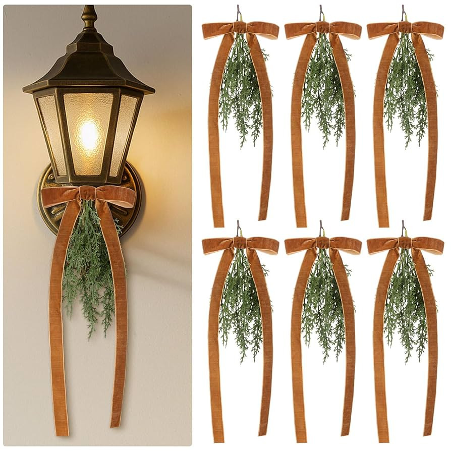6 Pcs Artificial Christmas Teardrop Swag with Brown Velvet Bow 16" Vintage Faux Pine Needles Ligh... | Amazon (US)
