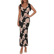 Lazysmile Womens Floral Embroidered Maxi Dress Sleeveless V Neck Tie Strap Ribbon Flower Mesh Par... | Amazon (US)