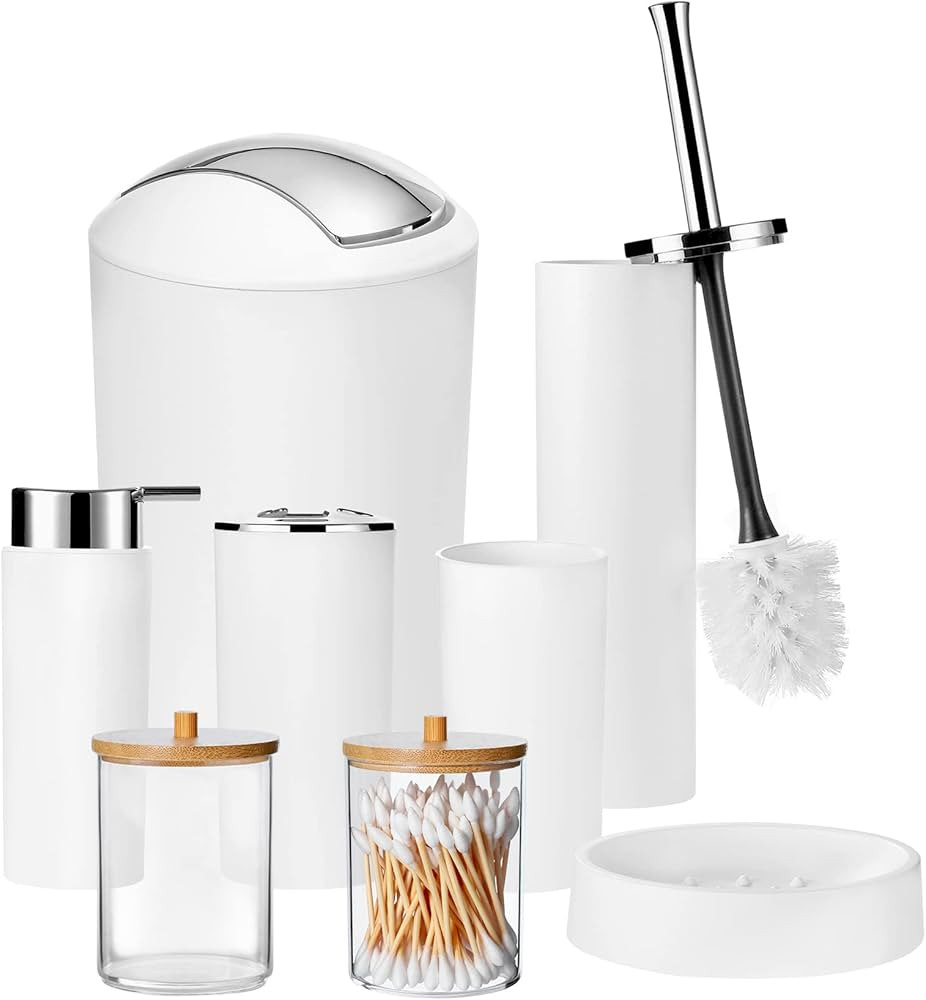 iMucci White 8pcs Bathroom Accessories Set - with Trash Can Toothbrush Holder Soap Dispenser Soap... | Amazon (US)