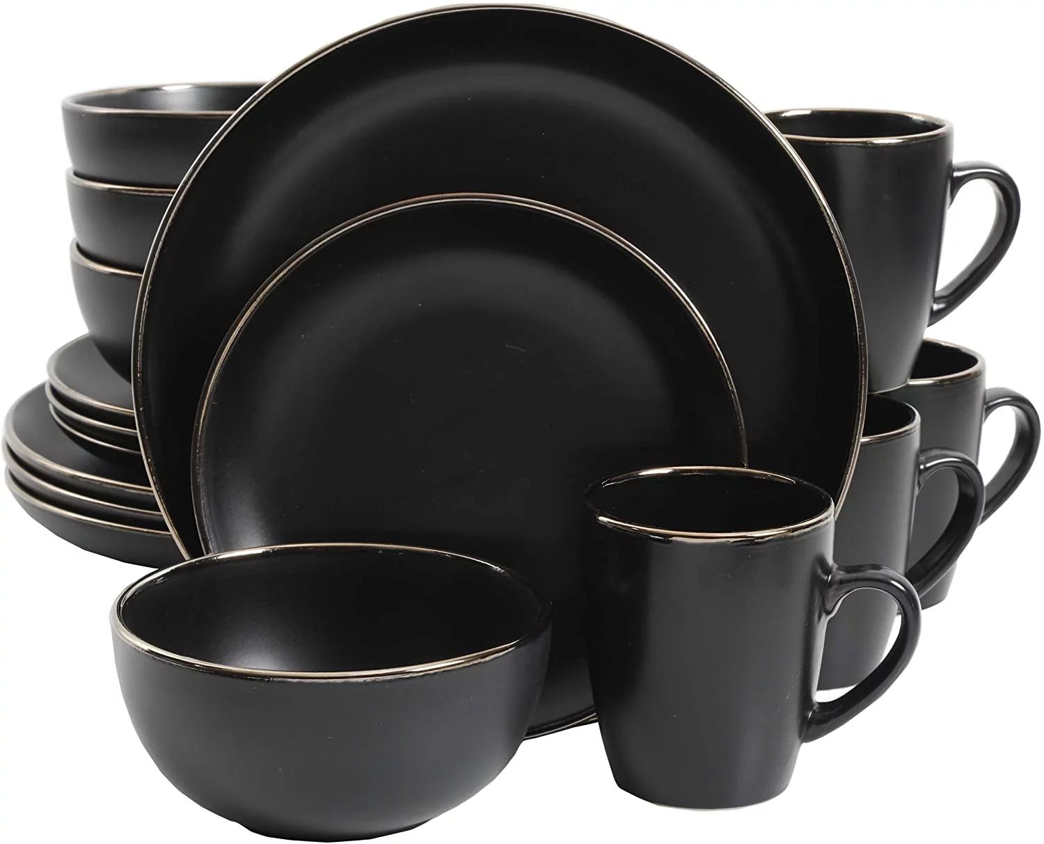 Gibson Home Rockaway Round Stoneware Dinnerware Set, Service for 4 (16pcs), Black/Gold Rim | Walmart (US)