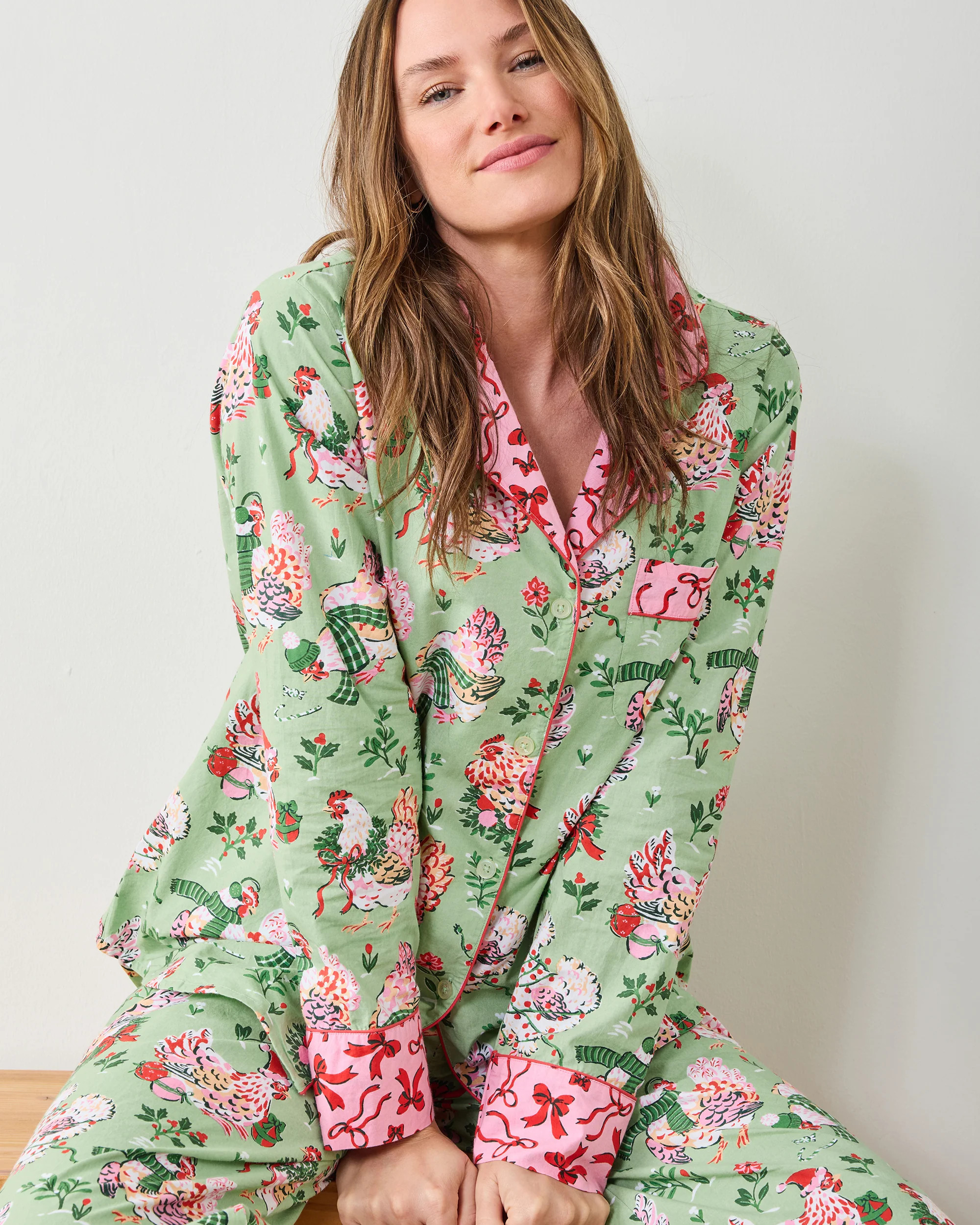 Holiday Hens - Long PJ Set - Sage | Printfresh