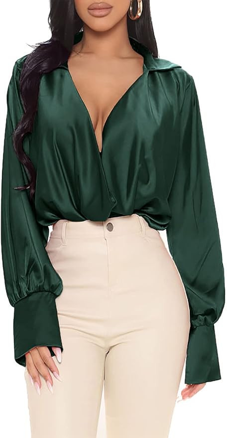 BWQ Satin Top for Women V Neck Drape Ruched Front Long Sleeve Blouse Shirt Tops | Amazon (US)