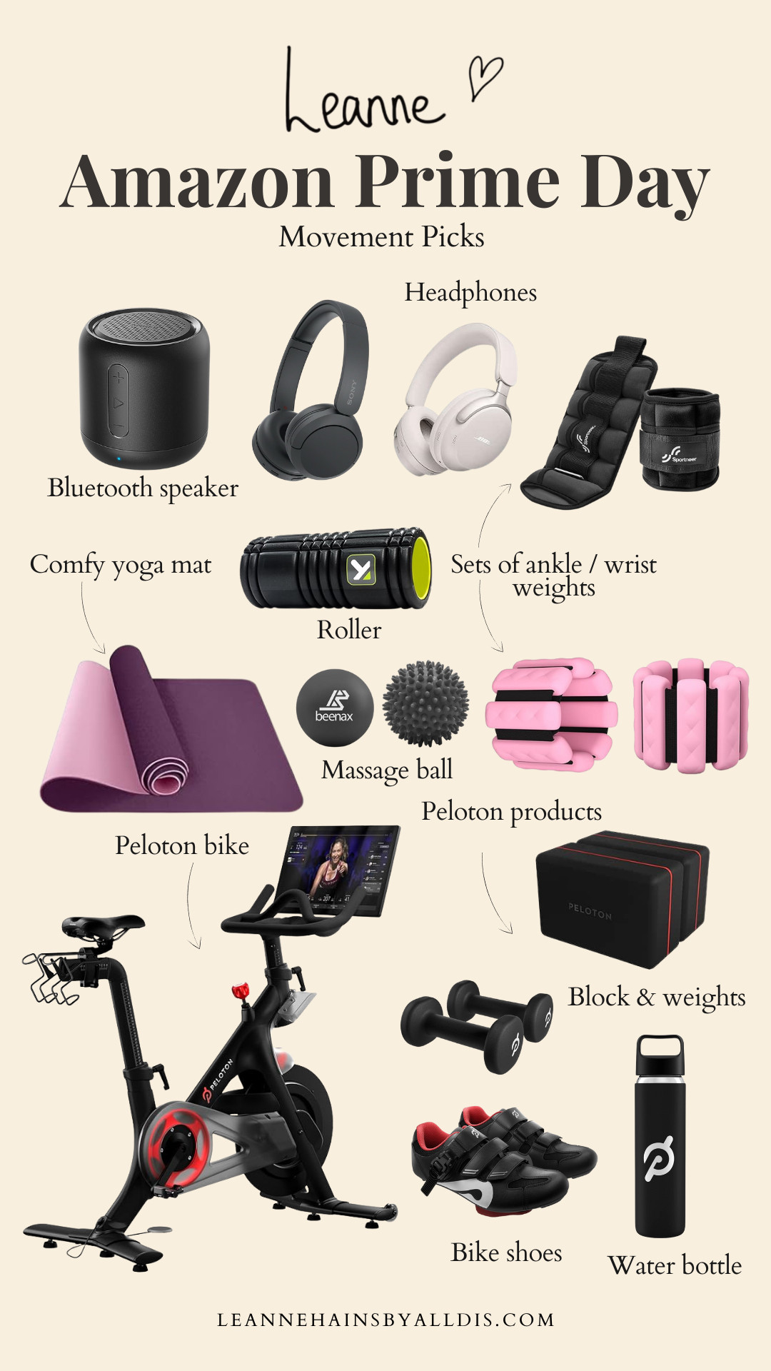 Amazon Prime Day, movement favourites, fitness, 2 sets of ankle/wrist weights, Peloton yoga block, Comfy yoga mat, Peloton bike, Peloton light weights, Peloton water bottle, Peloton bike shoes, Roller, Massage ball, Bluetooth speaker, Headphones 

 #LTKxAmazon #LTKuk #LTKfitness