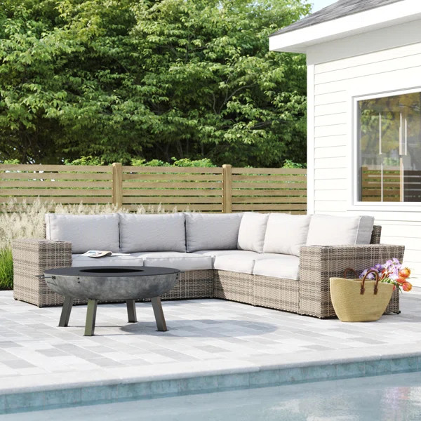 Buckworth 102'' Wide Outdoor Wicker Symmetrical Patio Sectional with Cushions | Wayfair North America