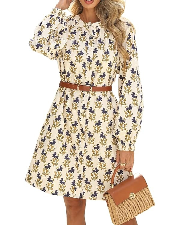 Floral Dress for Women Balloon Sleeve Print Button Front Cotton Mini Shirt Dresses with Pockets | Amazon (US)
