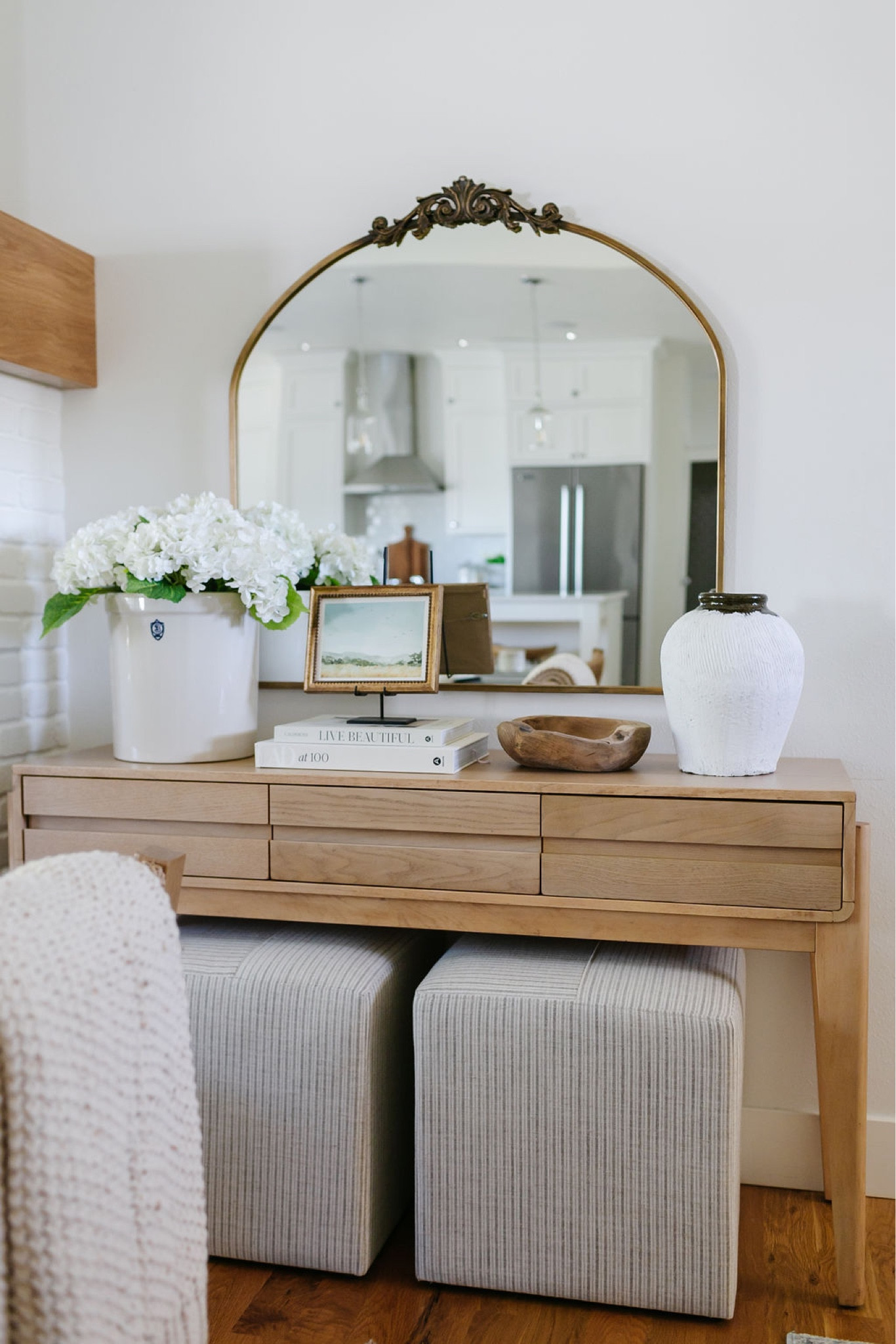 Affordable Target console table and upholstered ottomans, vintage mirror, gold mirror, living room, entryway  

#LTKFind #LTKhome #LTKstyletip