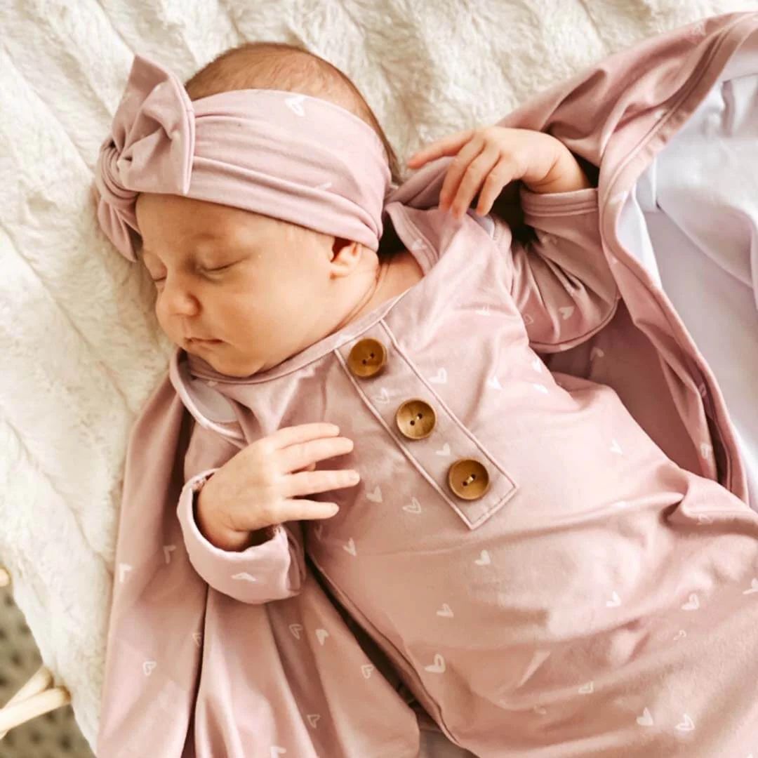 Tiny Hearts in Dusty Pink Newborn Baby Knot Gown & Hat Set | Caden Lane